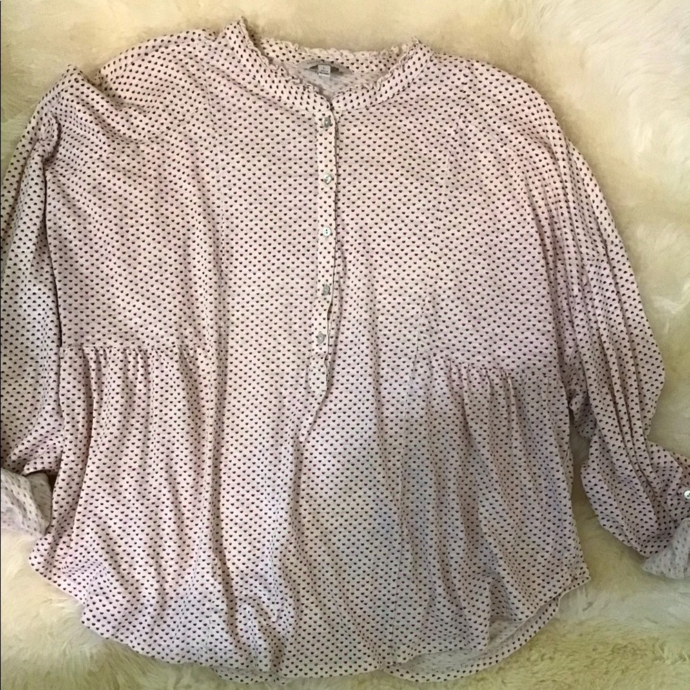 Lucky women shirt long roll up & button sleeves Cream w purple hearts Large